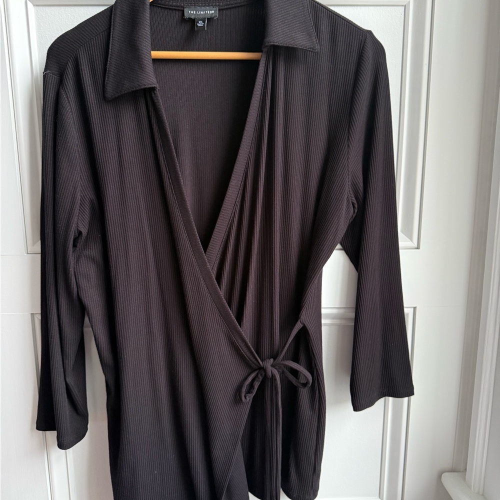 Black Ribbed Long Sleeve wrap top